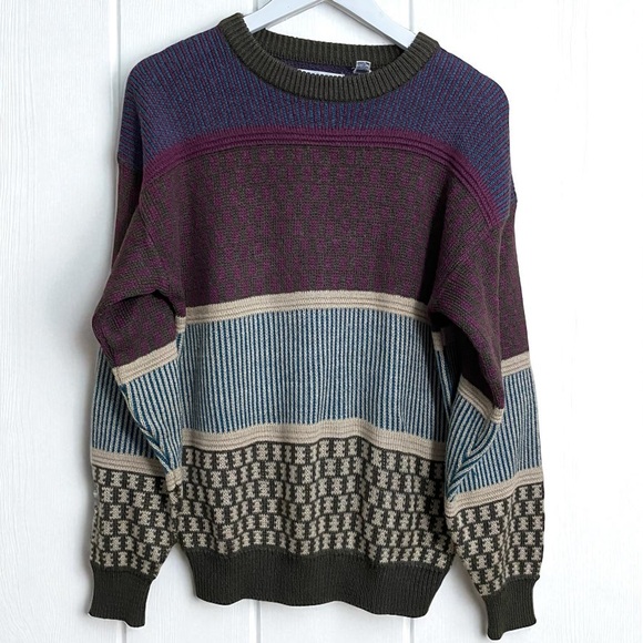 Saturdays Vintage Men’s Multi Color Crew Neck Crochet Sweater Size Small - Picture 1 of 8